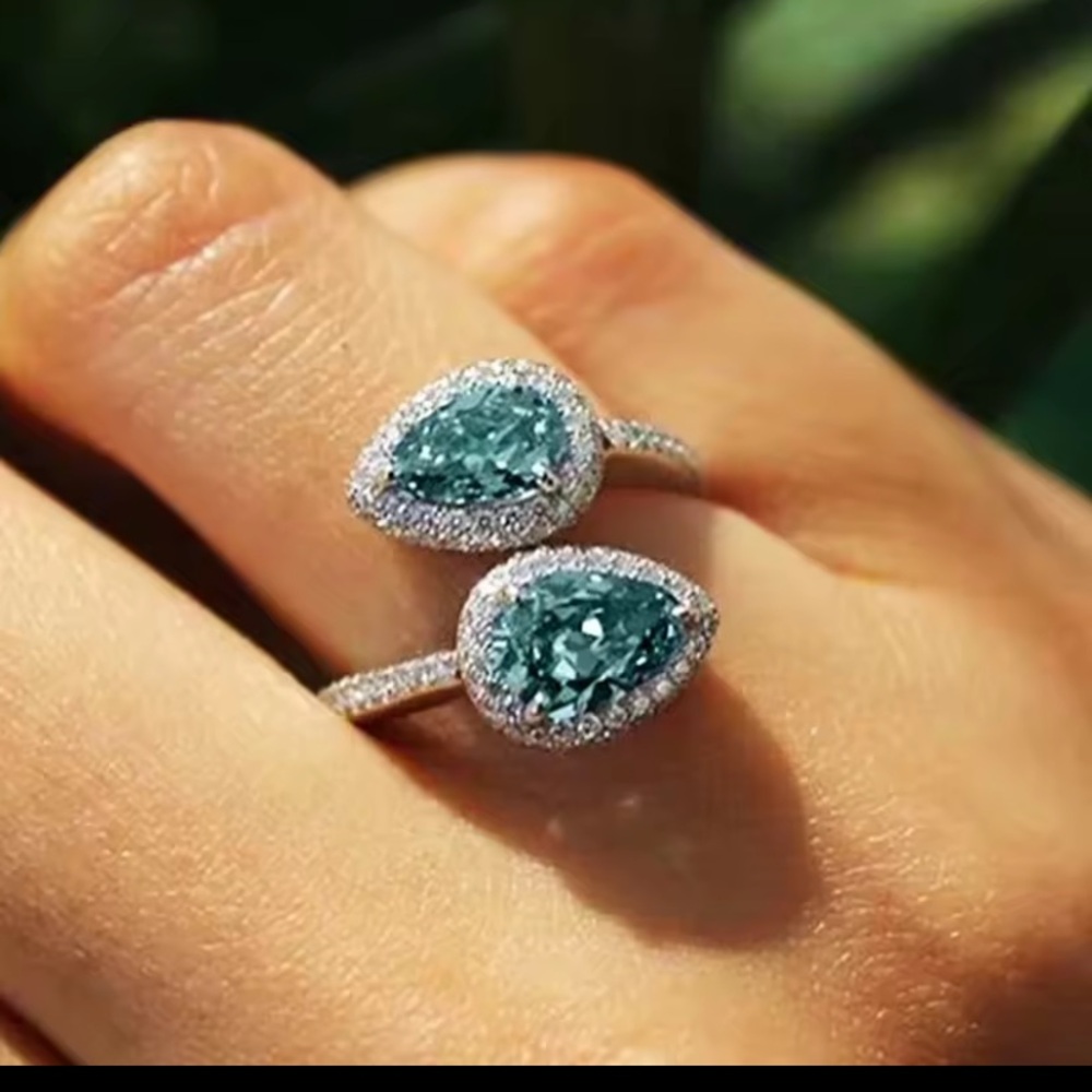 Teal Pear Halo Double-Teardrop Ring - Women's Silver Ring - Picture 8 of 9